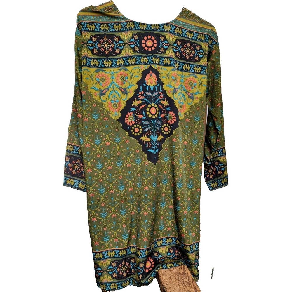 Hippie Boho Tunic Top/Dress Green Multicolor Size Large Super Soft Ethnic Print